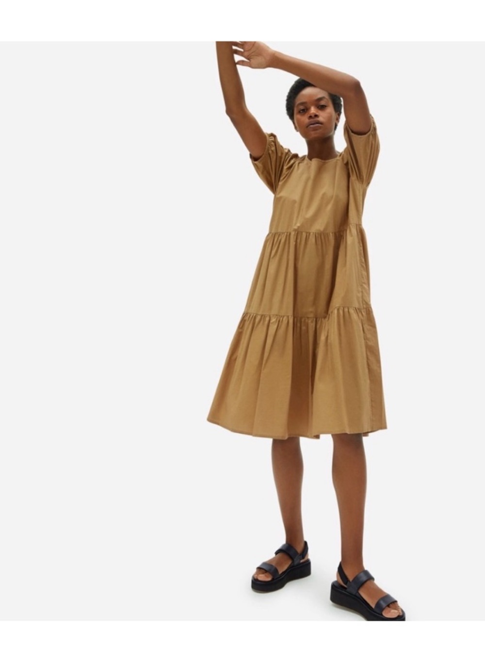 Everlane Olive-Tan Tiered Maxi Dress with Puff Sleeves